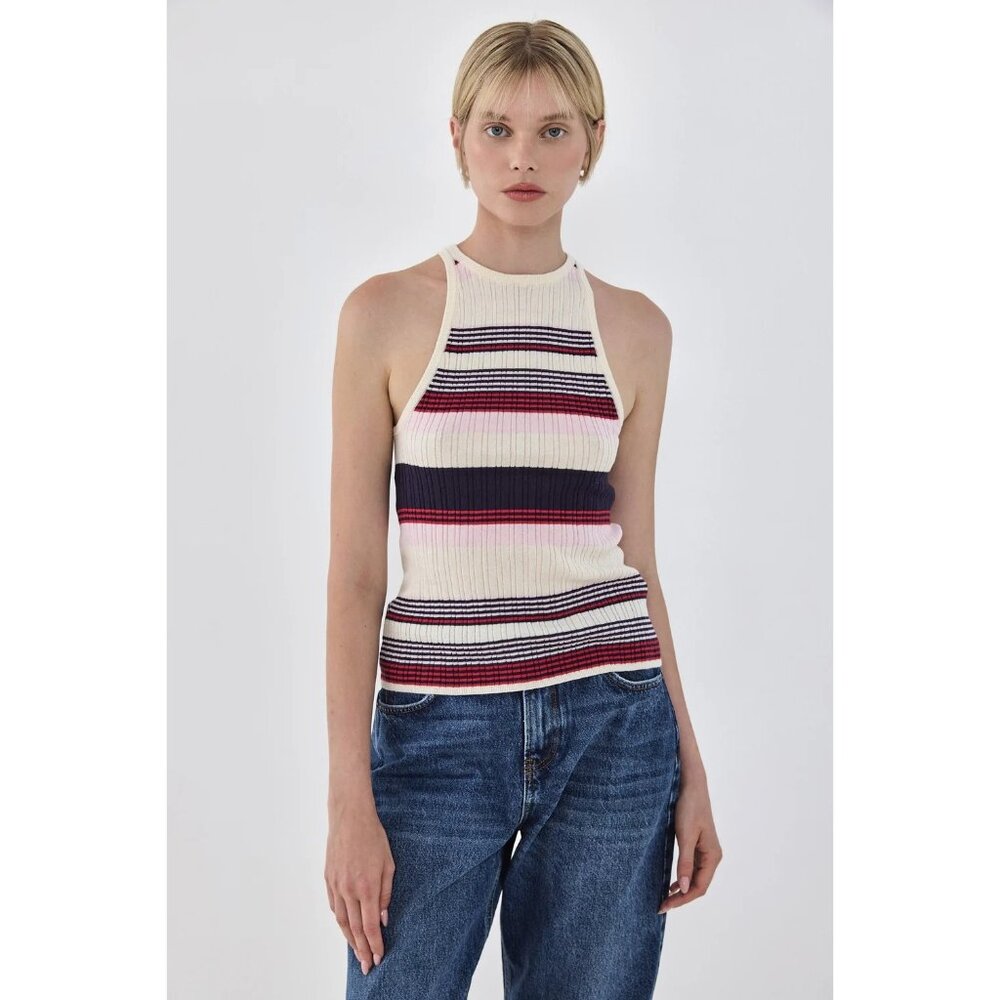 De Rococo Striped Ribbed Racer Tank Top in Navy Pink Red - Picture 2 of 5